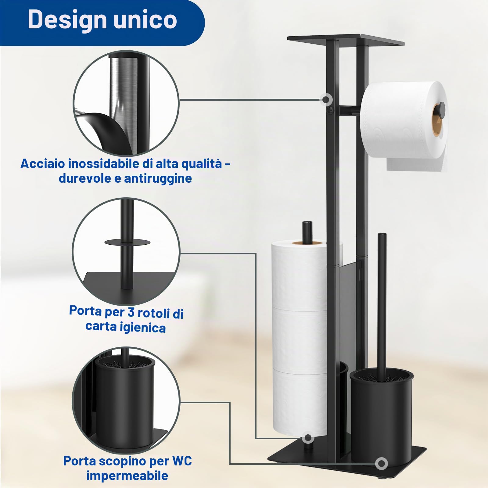 susswiff Porta carta igienica inox da appoggio con scopino - con scatola salviettine umidificate, ripiano in vetro (nero opaco)