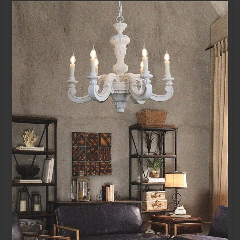 Ceiling Pendant Light, French V-intage Adjustable Chandeliers, Wood Art Carving Candle-Style Hanging Light for Living Room Hallway Dining Room Kitchen Bedroom Pendant Lamp (Color : White)