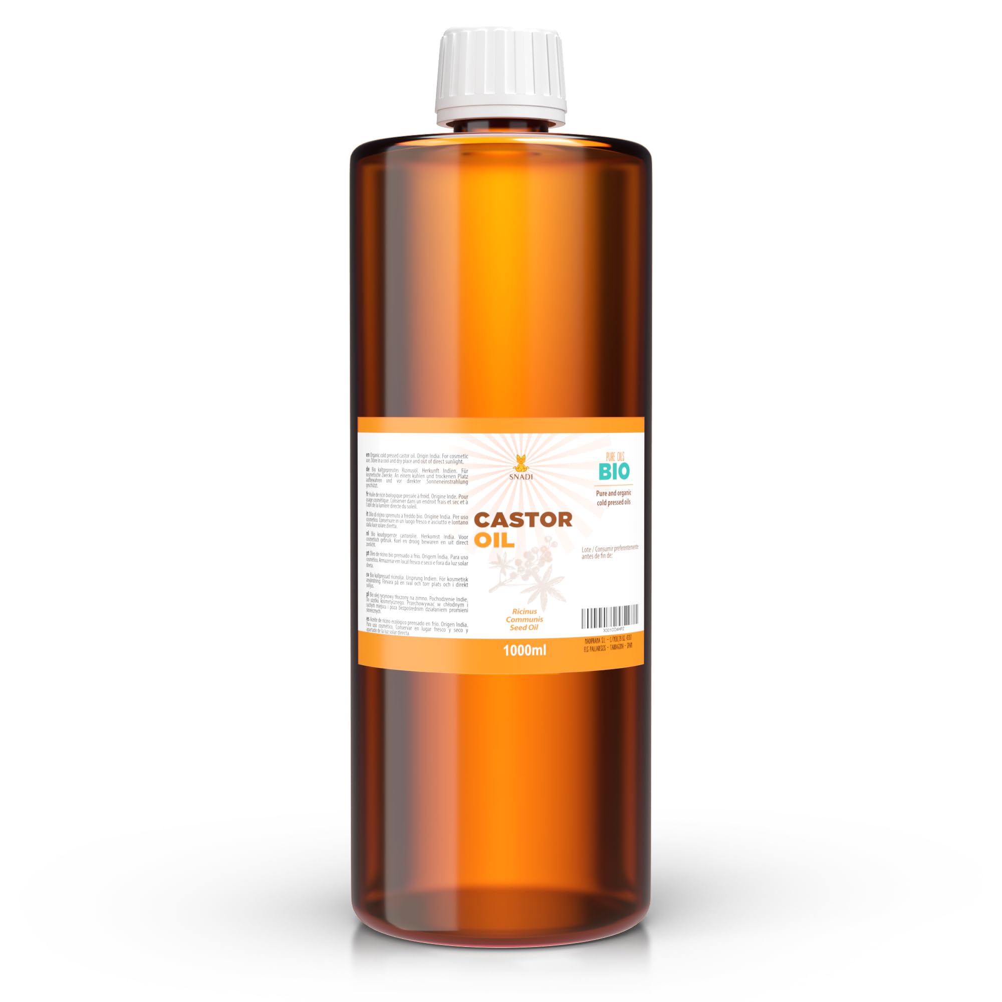 Snadi - Aceite de Ricino BIO Puro | 1 litro | Prensado en Frío | Antioxidante, Antienvejecimiento | Hidratante para Piel Cuerpo y Cabello Secos | Estimula Crecimiento de Pestañas y Barba | Ecológico