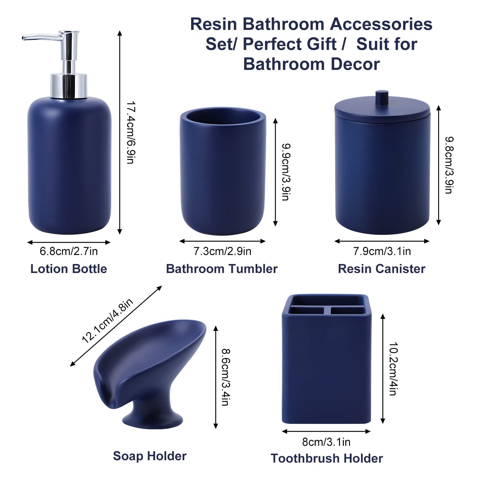 Navy Blue Resin Bathroom Accessory Set of 5, Lotion Soap Dispenser, Bathroom Organizer Accessories, Toothbrush Holder, Self Draining Soap Hoder and Bathroom Tumbler for Modern Home Decor
