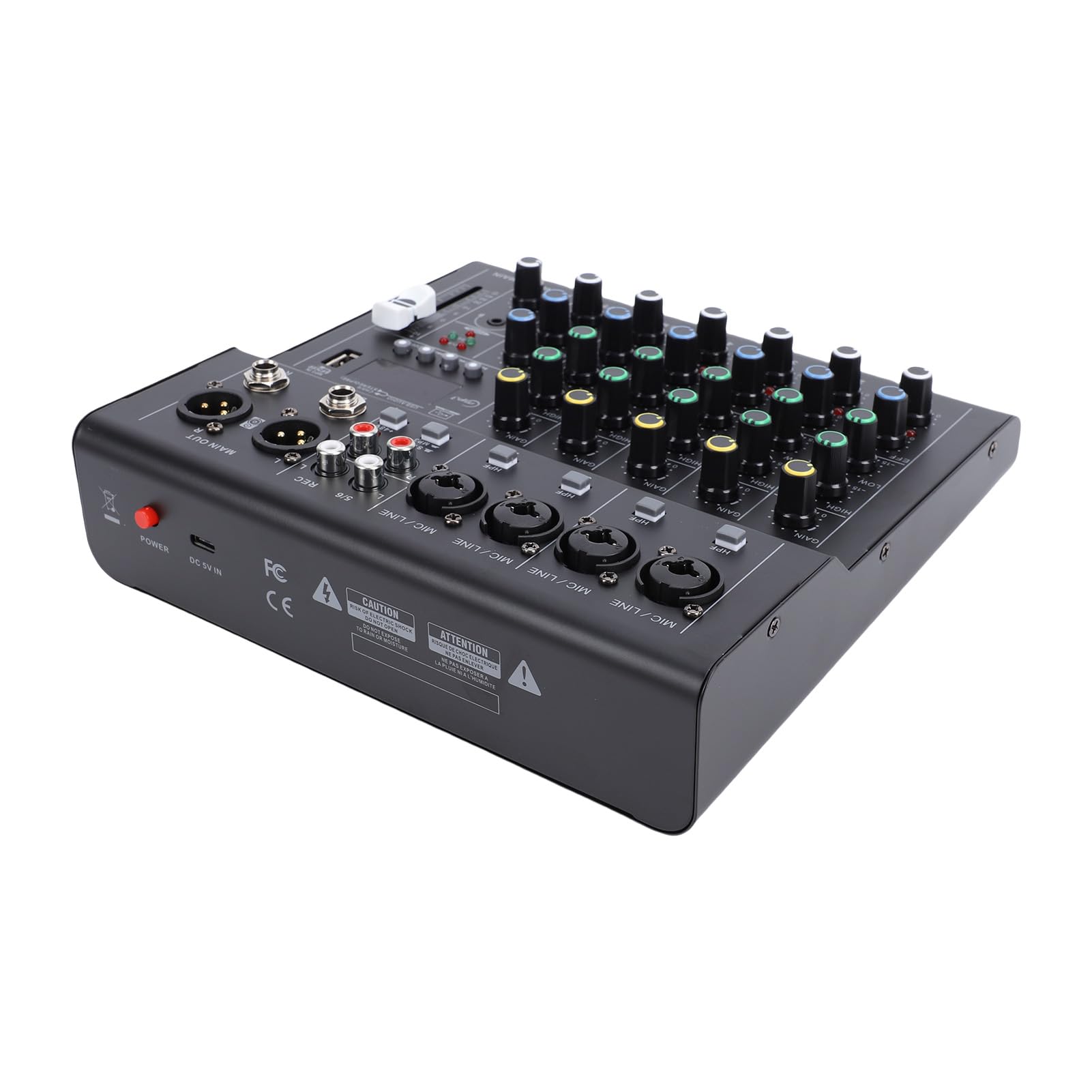 Walmeck 6-Kanal-Mini-Soundmixer, DJ-Controller, Professionelle Aufnahme-Soundkarte mit BT-MP3-Player, 48 V Phantomspeisung, Integrierter Gitarrenverstärker, Tragbare Mischkonsole für (Schwarz)