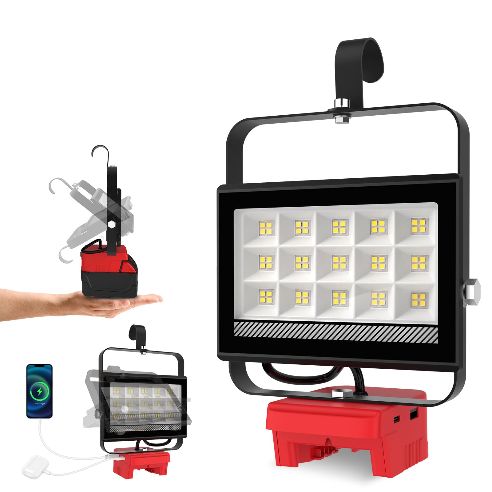 Proyector LED recargable de 60 W, 4500 lm, para batería Milwaukee 18 V