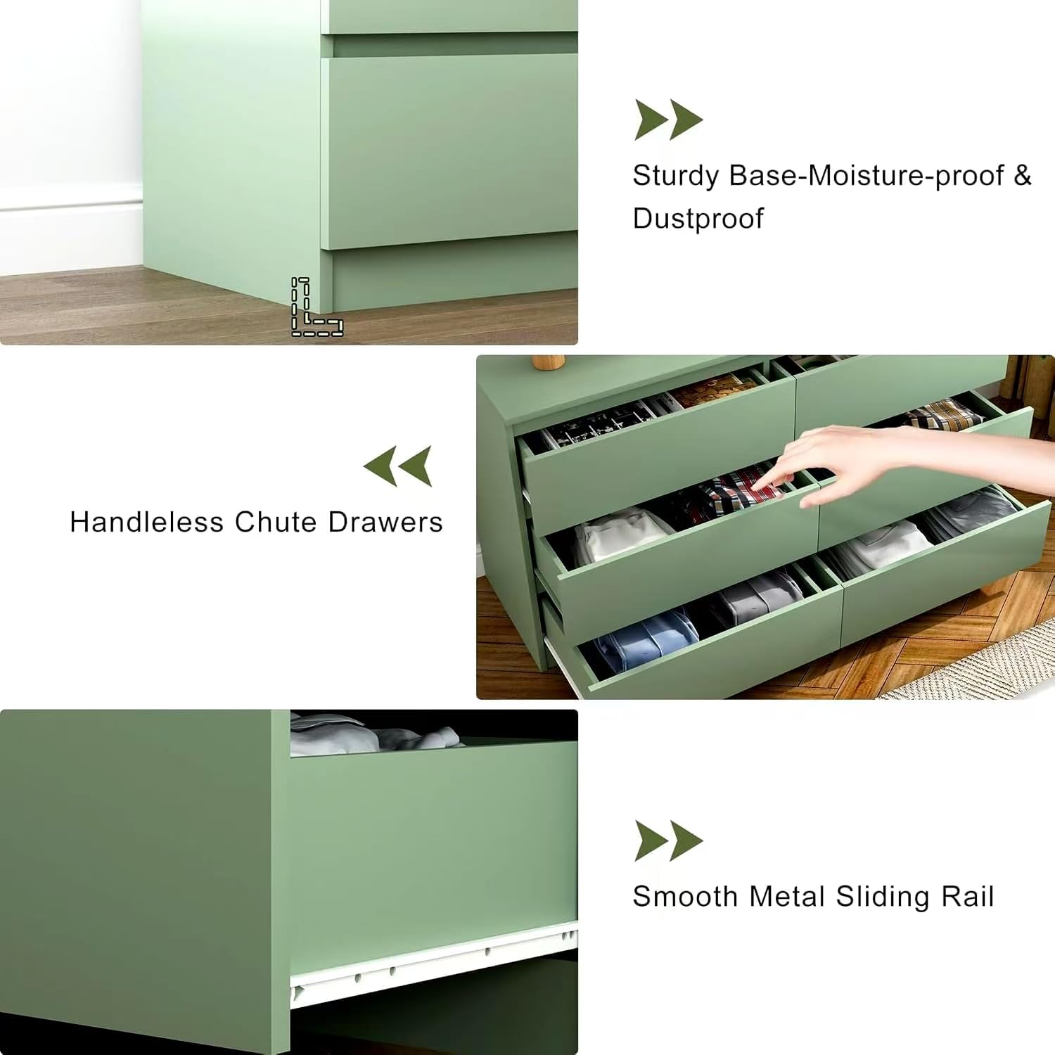 47.2" Minimalist Drawer Dresser with 6 Extra Deep Sliding Drawers, Modern Handle-Free Storage Cabinet with Particle Board & MDF Frame, Modern Chest of Drawers for Bedroom,Living Room,Hallway, Green