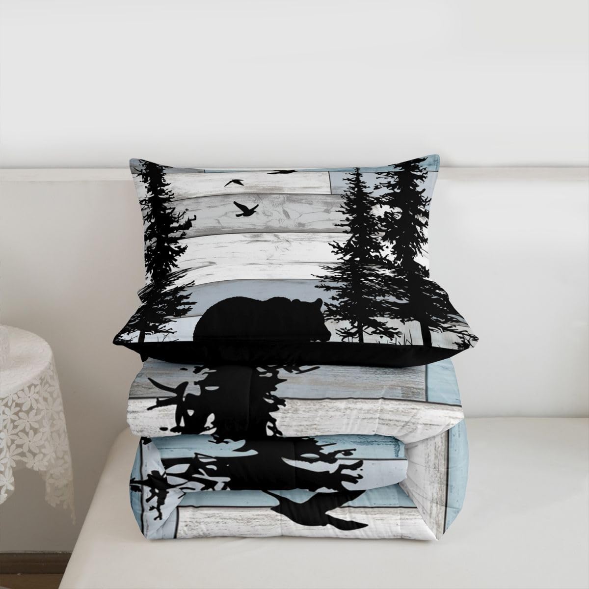 jejeloiu Bear Kids Comforter Set Queen Size Rustic Cabin Country Bedding Set Farmhouse Duvet Quilt for Kids Boys Girls Bedroom Wild Animal Decor Microfiber Ultra Soft Breathable