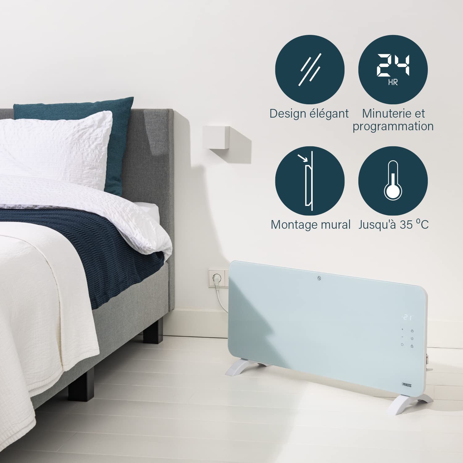 Princess radiateur électrique connecté - Chauffage à convection - Contrôle manuel, via app ou vocal - Appli gratuite - Panneau en verre - 2 000 W - Blanc - 348201
