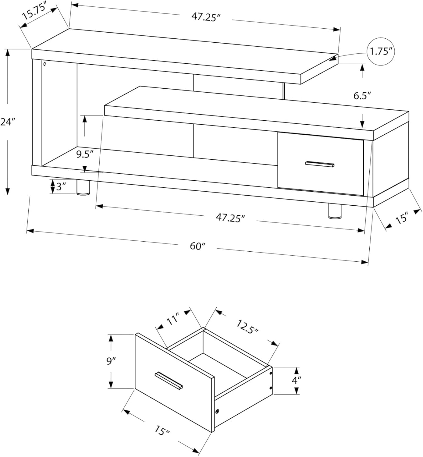 Monarch Specialties TV Stand with 1 Drawer, 60"W, Cappuccino