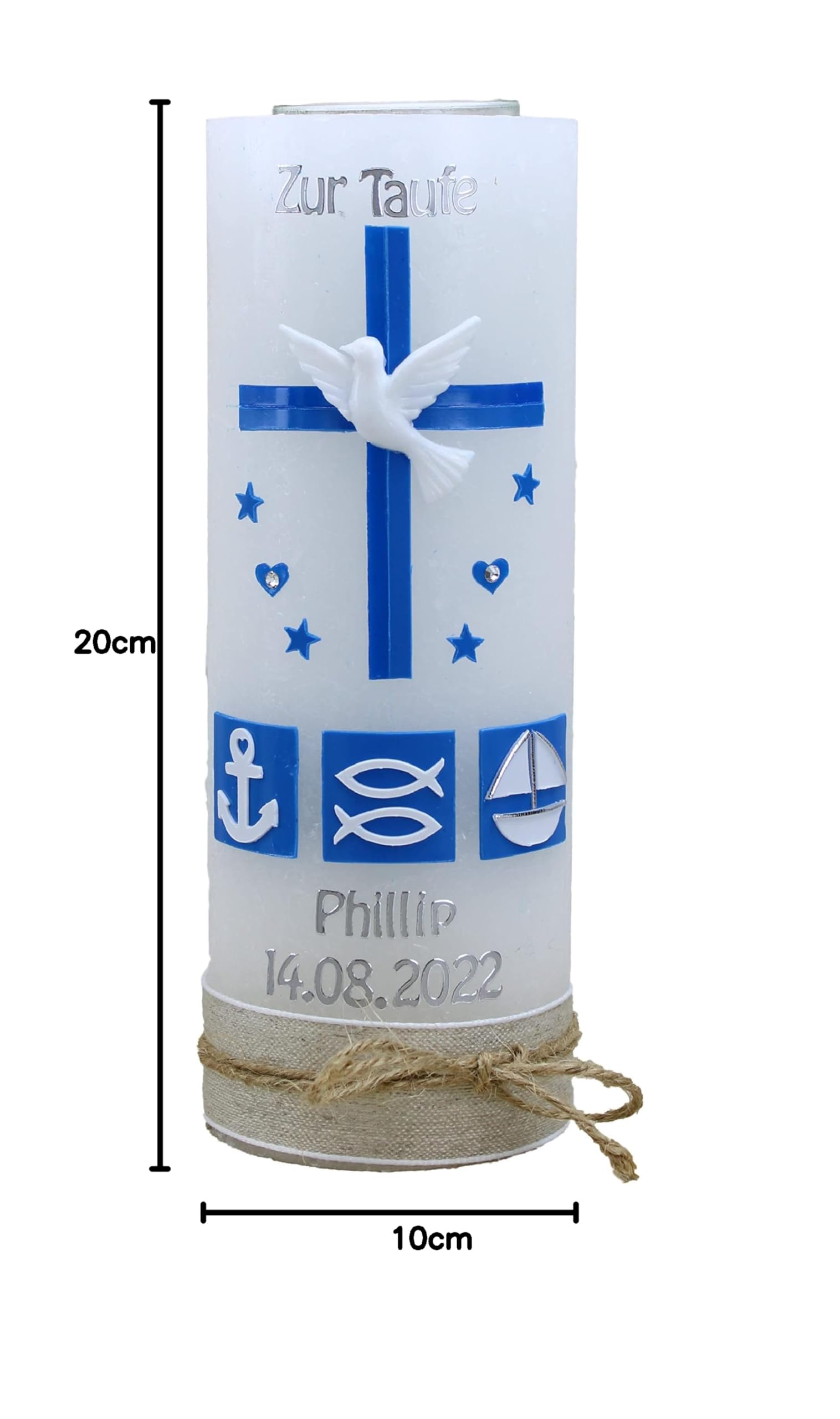 Taufkerze Rustik PHILLIP Junge oder Mädchen mit Name und Datum, individuell und handverziert 1679