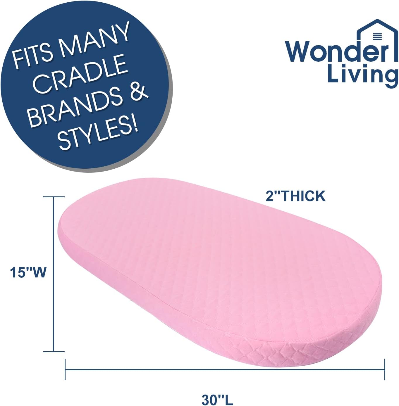 Wonder Living Baby Bassinet Mattress with Removal Waterproof Cover, Breathable, Hypoallergenic, Non-Toxic, Oval Shaped, Fits Portable Bassinets, 15" x 30" x 2", Pink : Baby