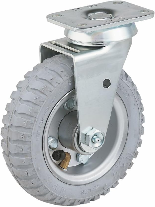 E.R. Wagner Pneumatic Plate Caster, Swivel, Soft Rubber on Steel Wheel, Ball Bearing, 200 lbs Capacity, 6" Wheel Dia, 2" Wheel Width, 7-1/2" Mount Height, 4-1/2" Plate Length, 4" Plate Width