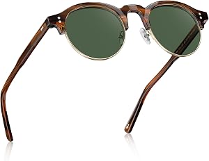 CARFIA Retro Round Polarized Sunglasses for Men, Acetate Semi-Rimless Frames Driving Sun Glasses UV 400 Protection