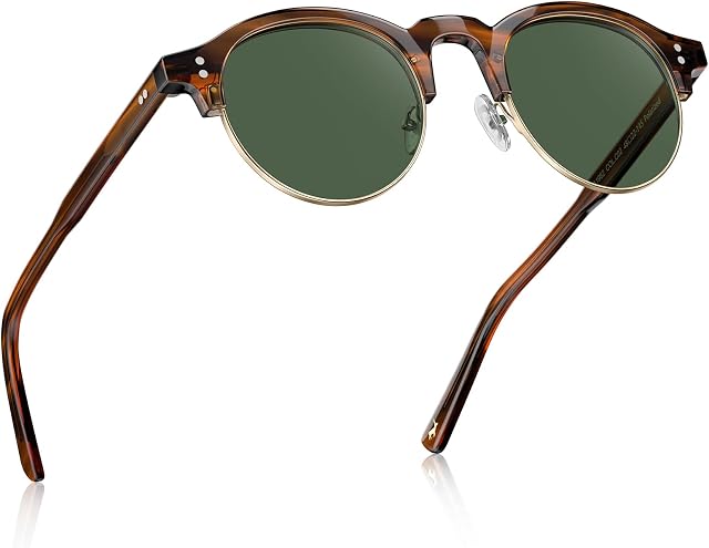 CARFIA Lunettes de soleil retro rondes polarisés pour hommes, cadres semi-immortelle en acétate UV 400 Protection