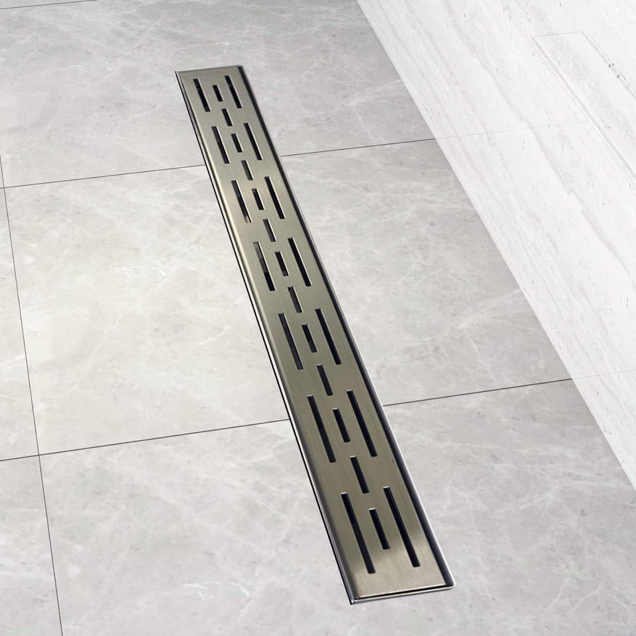 ZA Linear Shower Drain - 60 Inch Brick Pattern - Brushed Stainless Steel - Hair Strainer - Leveling Feet - Threaded Adapter - Sleek and Modern Design