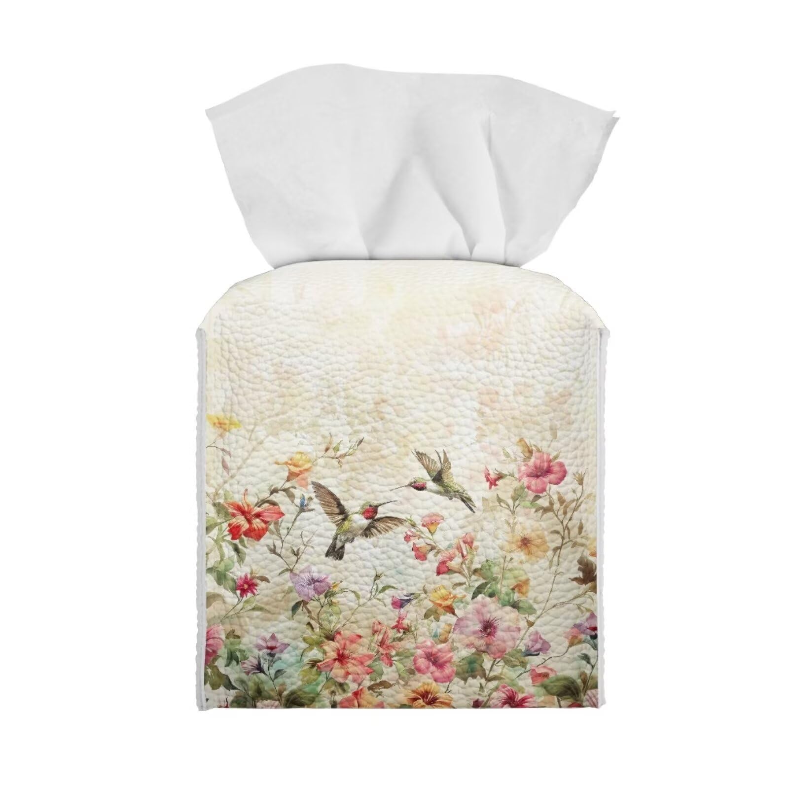Tutolipy Flower Hummingbirds Leather Tissue Box Cover Square Tissue Paper Holder with Bottom Belt Aesthetic Leather Tissue Box Holder Decorative for Bathroom, Home Office Decor