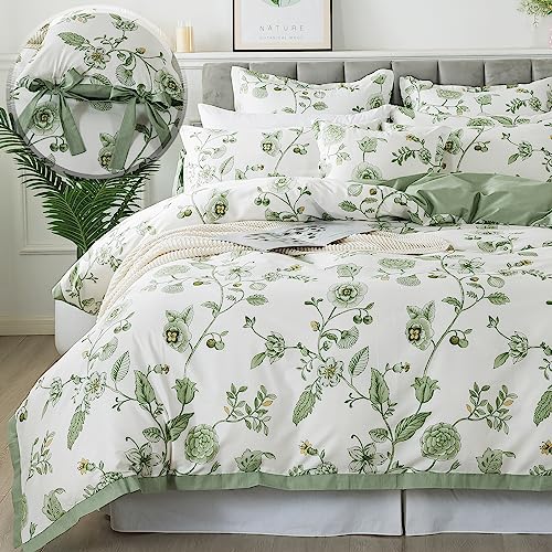 FADFAY Green Duvet Cover Set Full Floral Bedding 100% Cotton Shabby Vintage Reversible Zipper Farmhouse Comforter Cover Flower Print Bed Covers Girls Kids Pretty Bowknot Soft Breathable 3Pcs