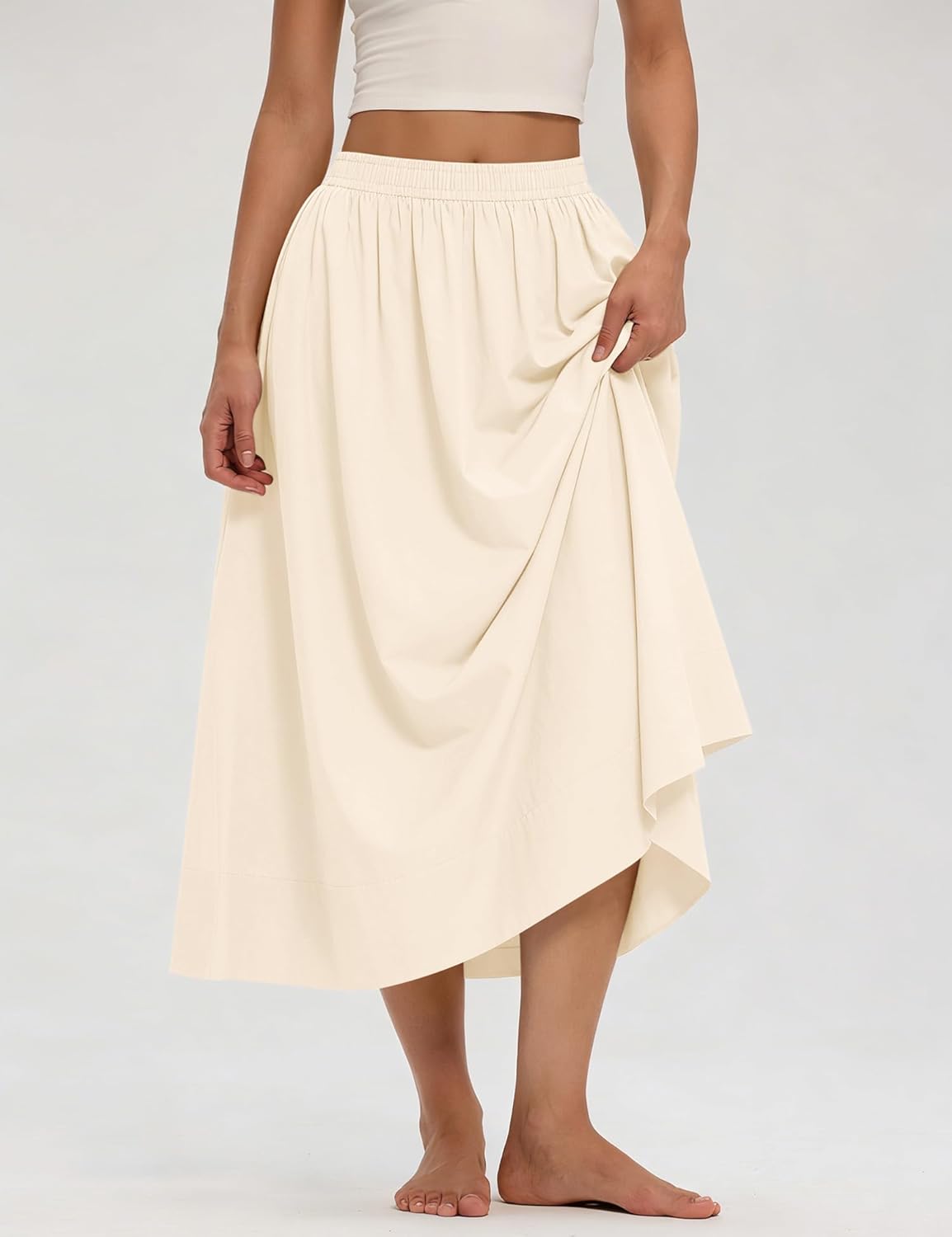 LOMON Midi Skirts for Women A-Line Cotton Flowy Maxi Skirt Boho Summer Beach Casual Elastic Waist Dress Outfit with Pockets - Image 2