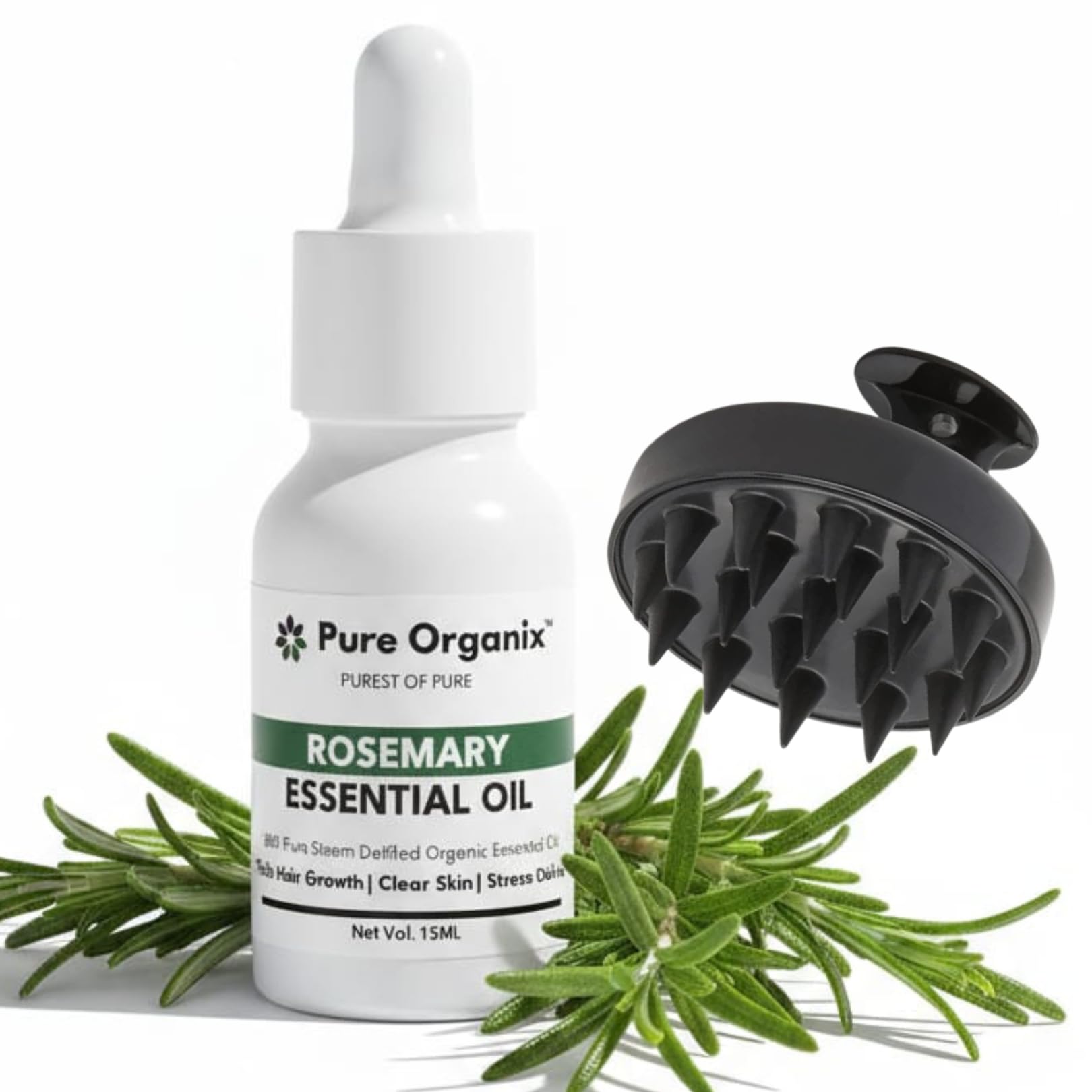 Stronger Rosemary Essential Oil for Hair Growth + Scalp Massager for Hair Fall Control | 100% Pure, Steam-Distilled, Undiluted | Premium Therapeutic Grade for Stimulating Hair Follicles | Fast Hair Thickening & Deep Nourishment | NO additives, NO fillers, NO synthetic fragrance - 15 ML