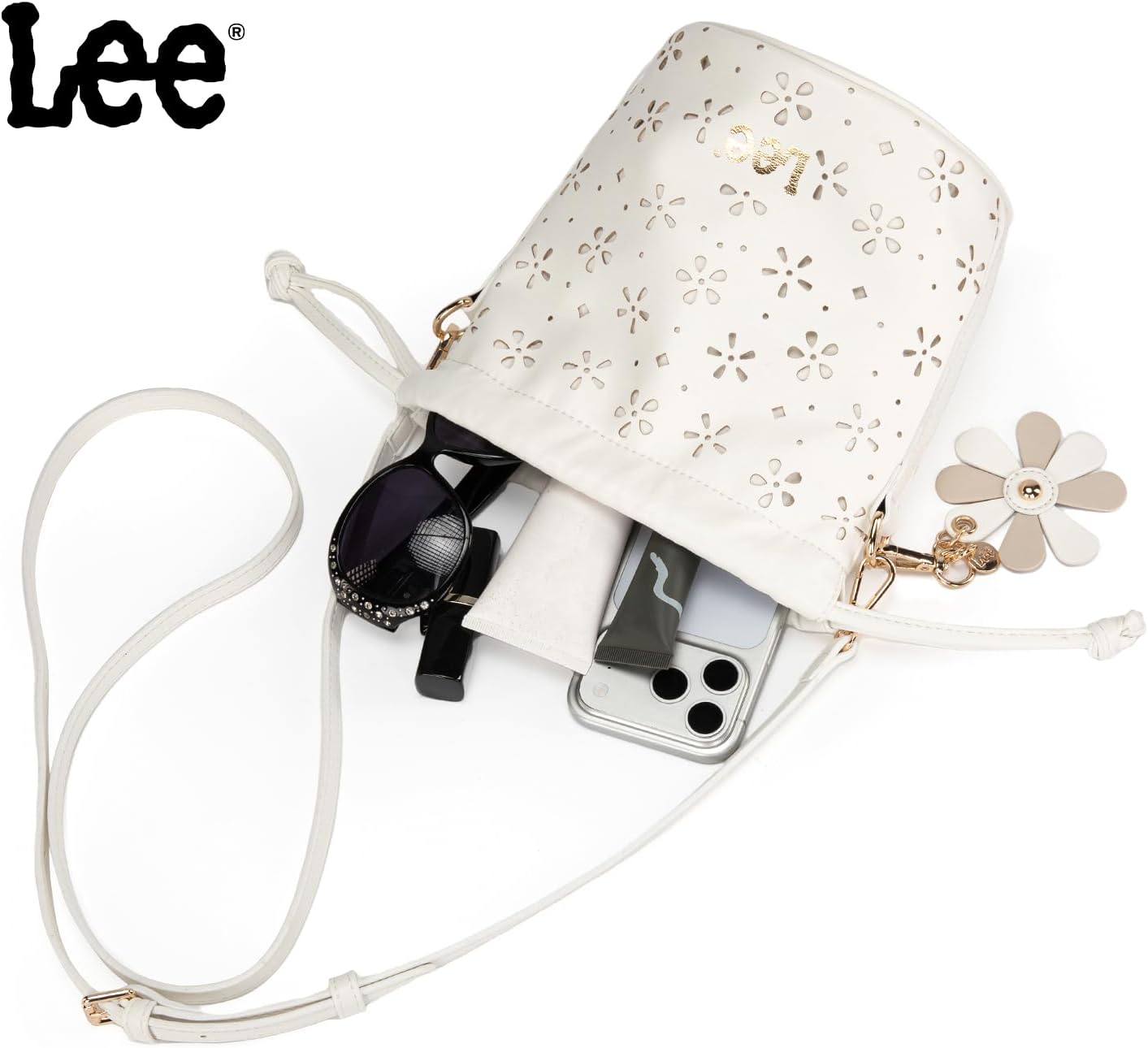 Lee Drawstring Bucket Crossbody Bag, Mini Cute Vegan Leather Purse with Adjustable Strap, Lightweight Shoulder Handbag