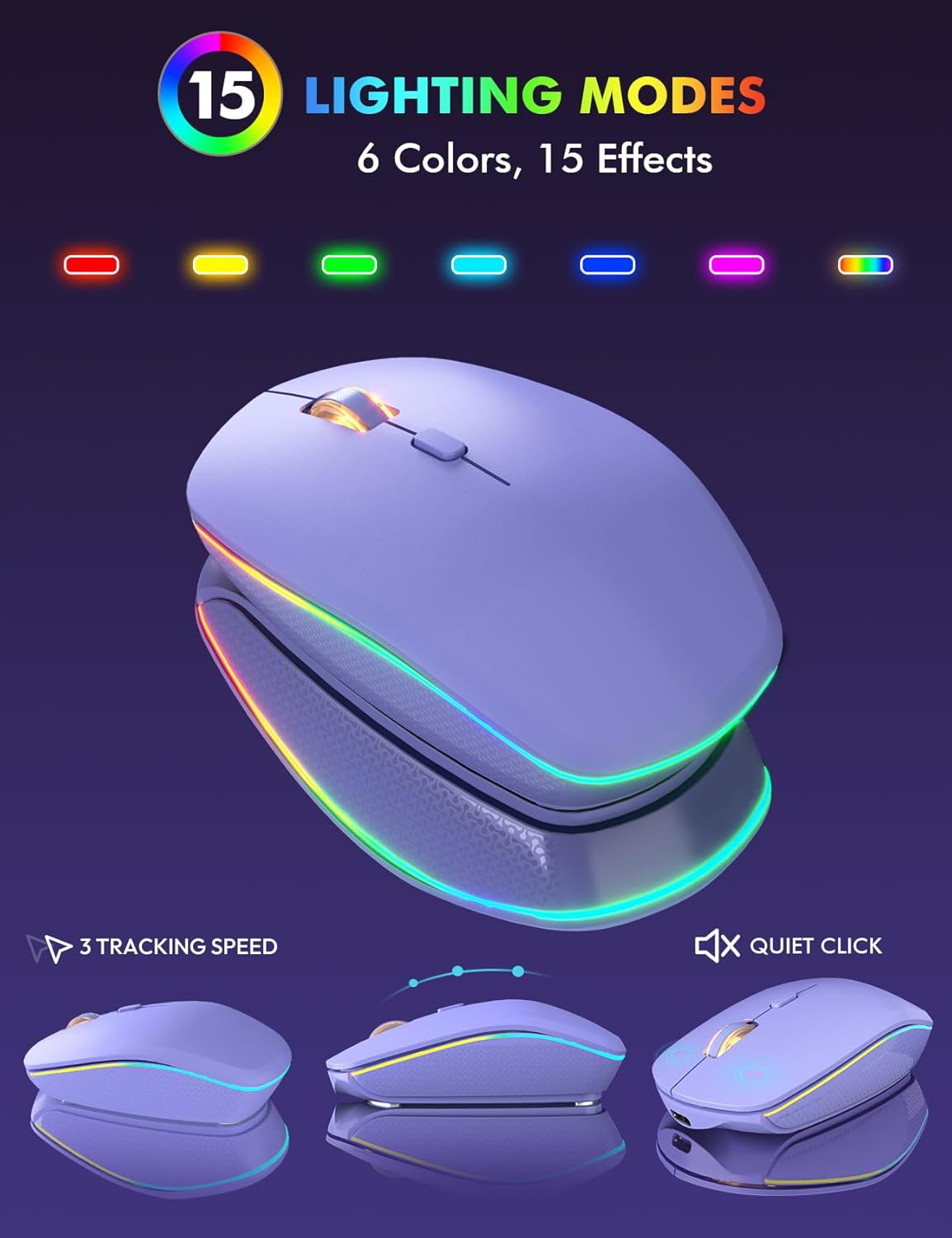 Wireless mouse showcasing 15 different lighting modes