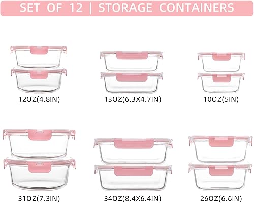 Miniatura 2 de FAWLES Paquete de 12 recipientes de almacenamiento de vidrio con tapas, recipientes a prueba de fugas, recipientes de almacenamiento de alimentos de