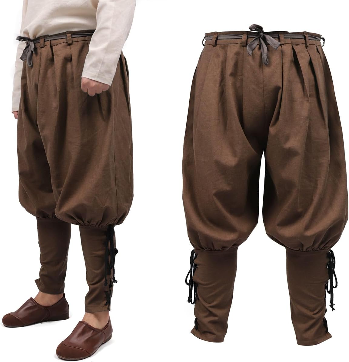 PROCOS Medieval Pants Pirate Retro Ankle Banded Wraps Men Linen Navigator Pants Bottoms with Pockets Costume