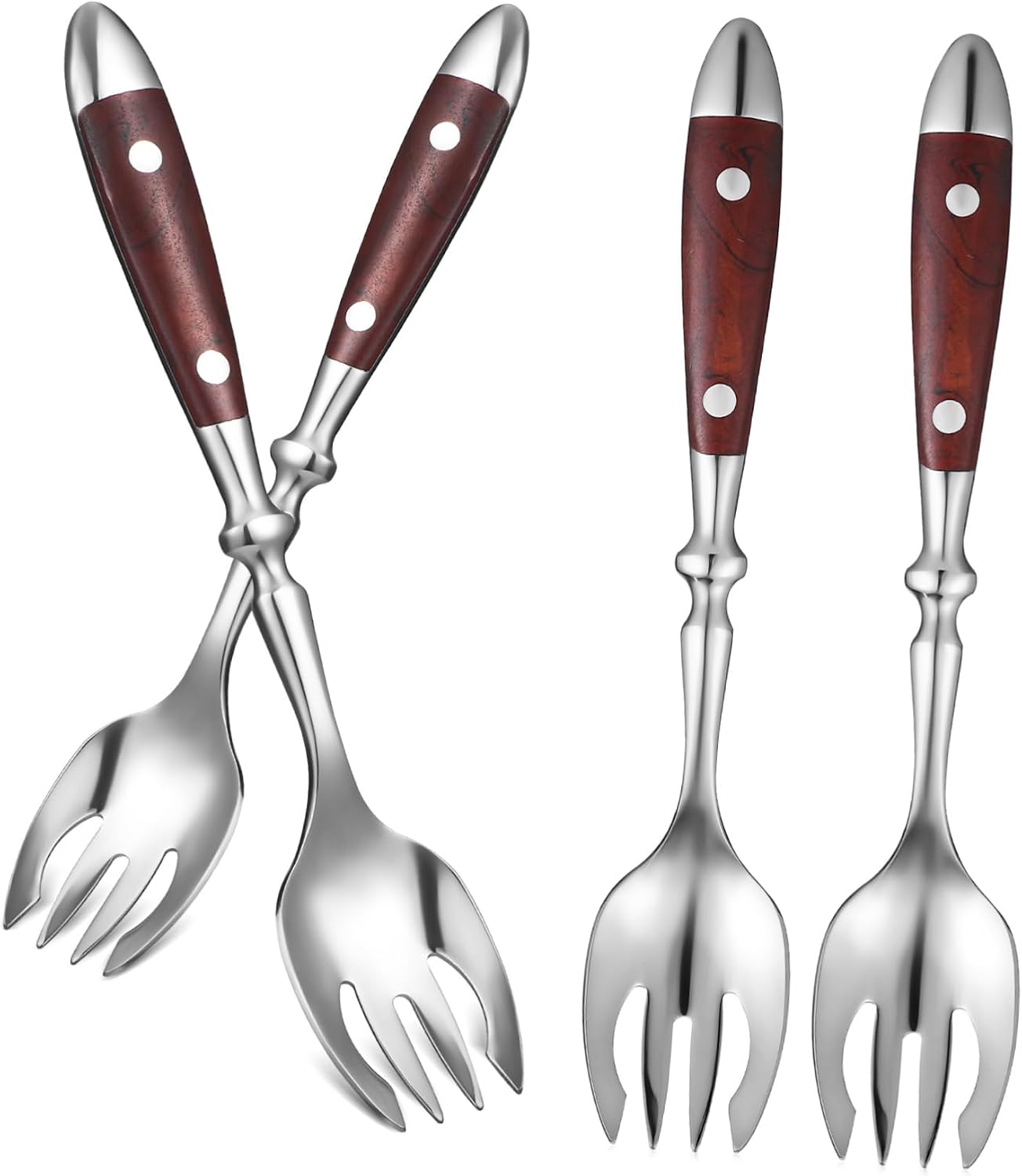MAGICLULU 4pcs Wooden Handle Stainless Steel Sporks Reusable Salad and Dessert Forks for Kitchen Utensils Long Handle Fruit Serving Forks for Cooking and Entertaining