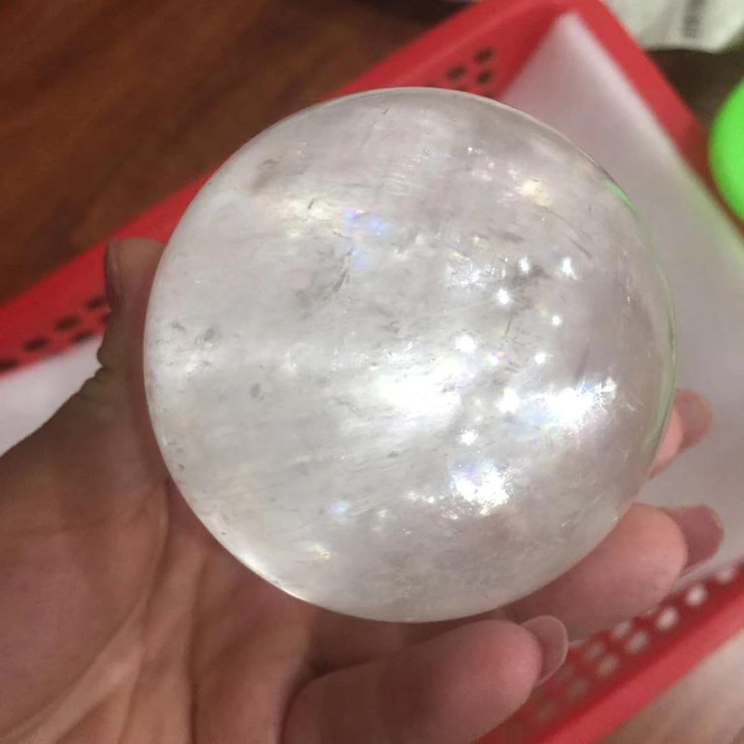 White Calcite Ball, Crystal Ball with Wooden Base,Magic Crystal Ball Ornament,Crystals Gemstone Sphere for Feng Shui, Divination,13cm/5.1in