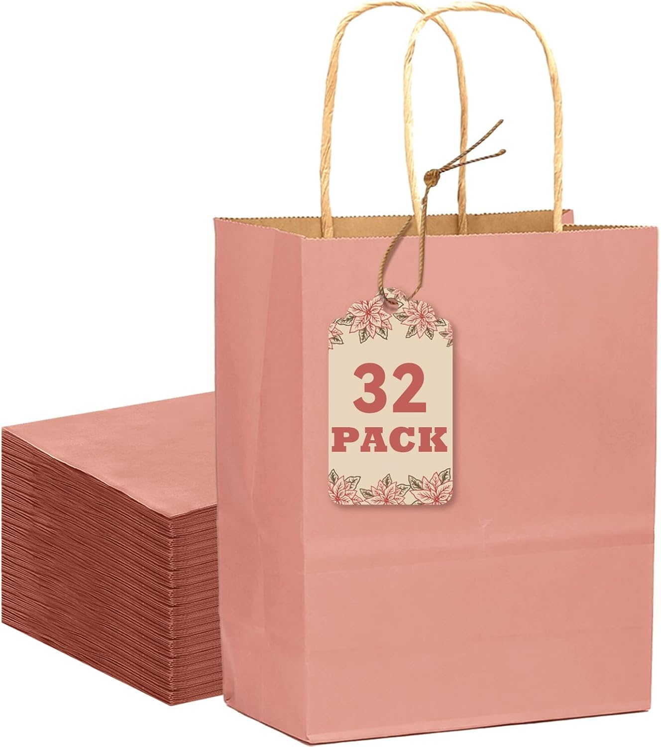 qiqee 32Pcs Small Size Light Pink Kraft Paper GIft Bags with Handles - 8.3"x6"x3.15" Kraft Small Party Bags