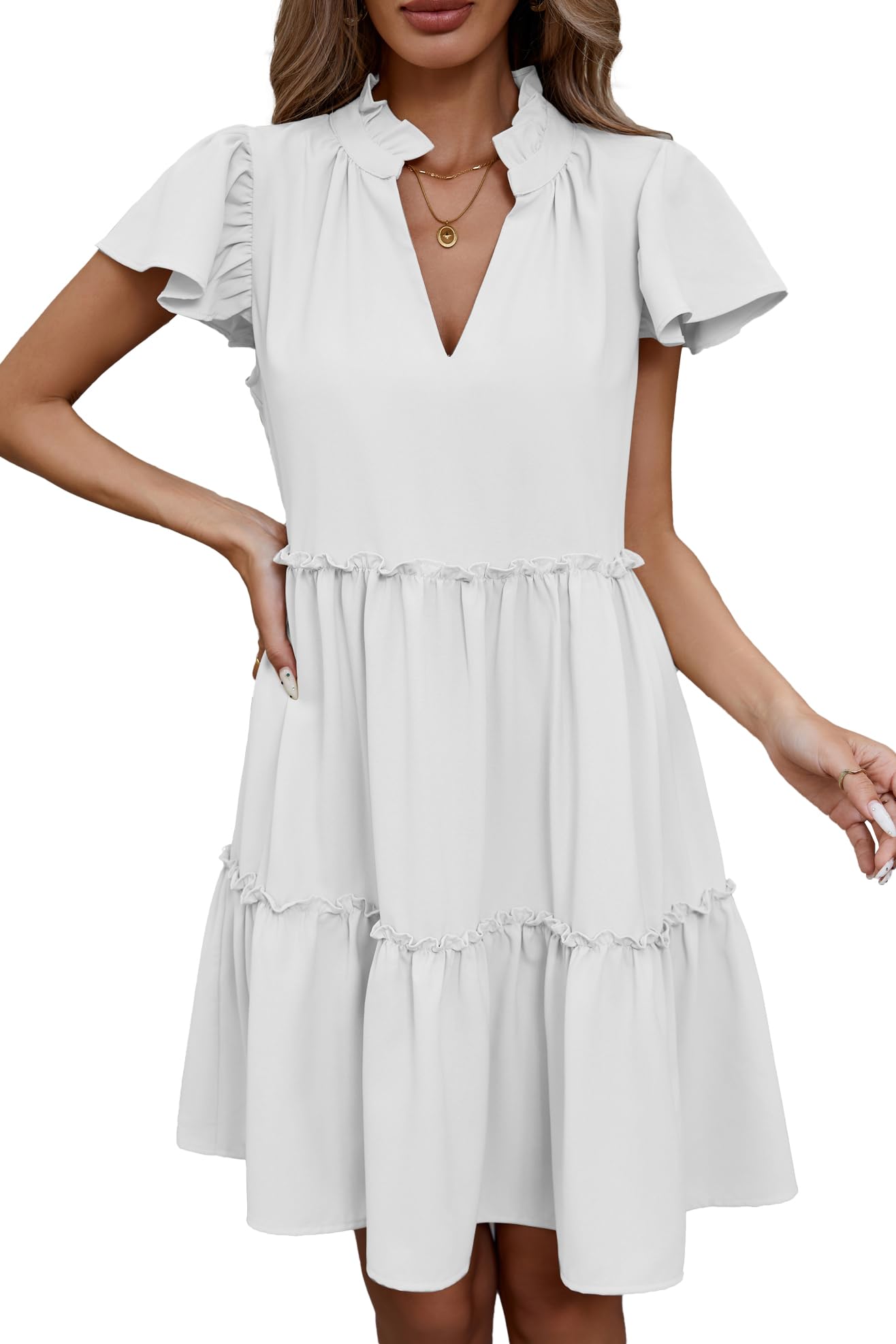 Famulily Summer Dress for Women Ruffle Cap Sleeve Pleated V Neck Dress Tiered Swing A Line Babydoll Mini Dress