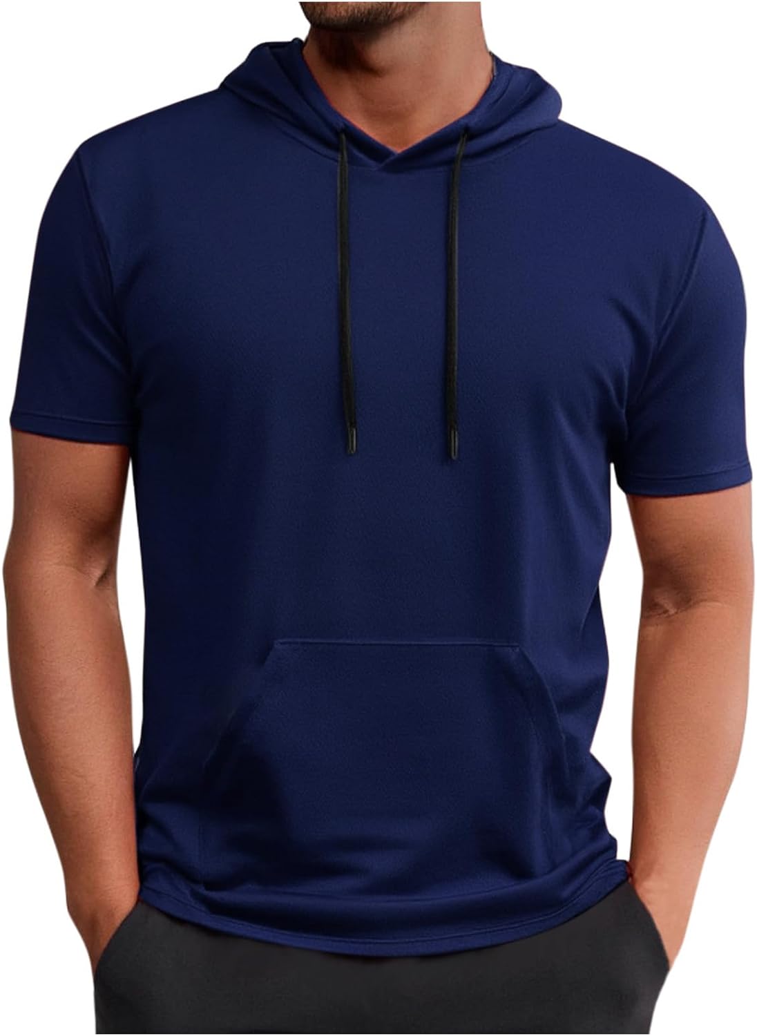 Mens Short Sleeve Hoodie Shirts Lightweight Pullover Hooded Tees Drawstring Kangaroo Pocket Athletic Workout Tops