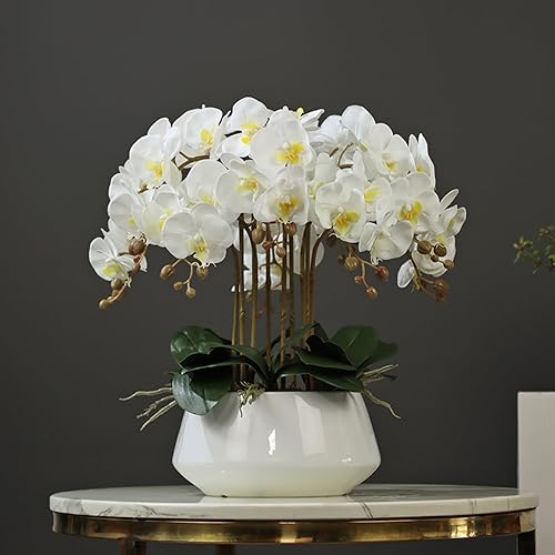 Juego de 8 orquídeas artificiales Phalaenopsis con jarrón, para decoración de sala de estar, orquídea artificial en maceta para decoración de