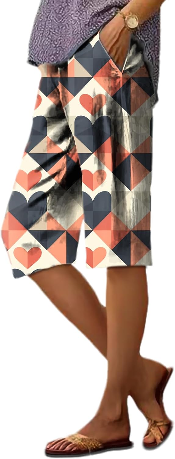 Women's Capri Pants Quick Dry High Waist Vintage Floral Midweight Workout Plus Size Loose Bermuda Shorts