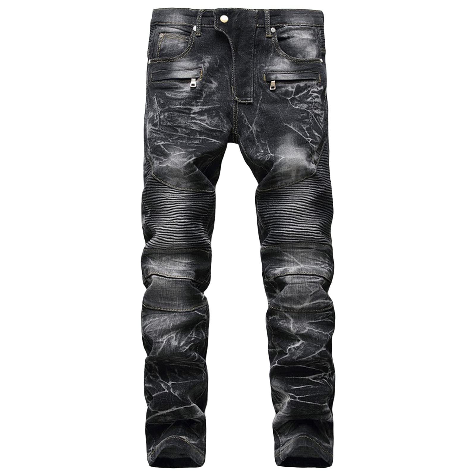 Men's Moto Biker Distressed Jeans Zipper Deco Washed Straight Fit Jean Vintage Casual Slim Stretchy Denim Pants (Black,29)