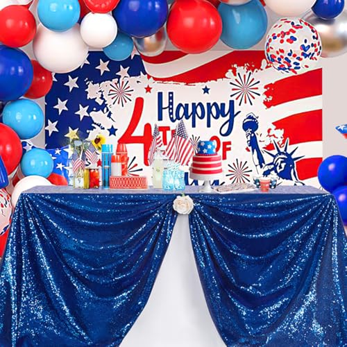 Image of B-COOL Royal Blue Sequin Tablecloth Glitter Table Fabric 50x50 Inches Table Linen for Rectangle Blue Party Decorations Independence Day Decor