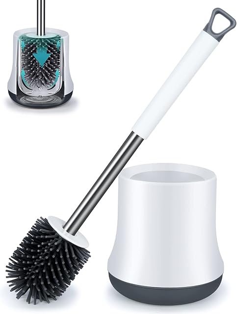 Silicone Toilet Brush and Holder Set, ENSPOWAY Bathroom Toilet Cleaner Brush Modern Design Deep Cleaning Rubber Toilet Bowl Brushes with Non-Slip Long Handle and Quick Drying Holder, White