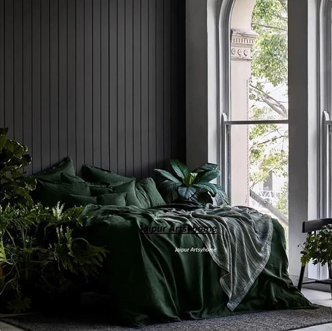 Forest Green Linen Duvet Cover, Stonewashed Linen Bedding Set, Soft Linen Duvet, Twin Queen King Over Size Duvet Cover with 2 Matching Pillow Cover (King - 90X104)