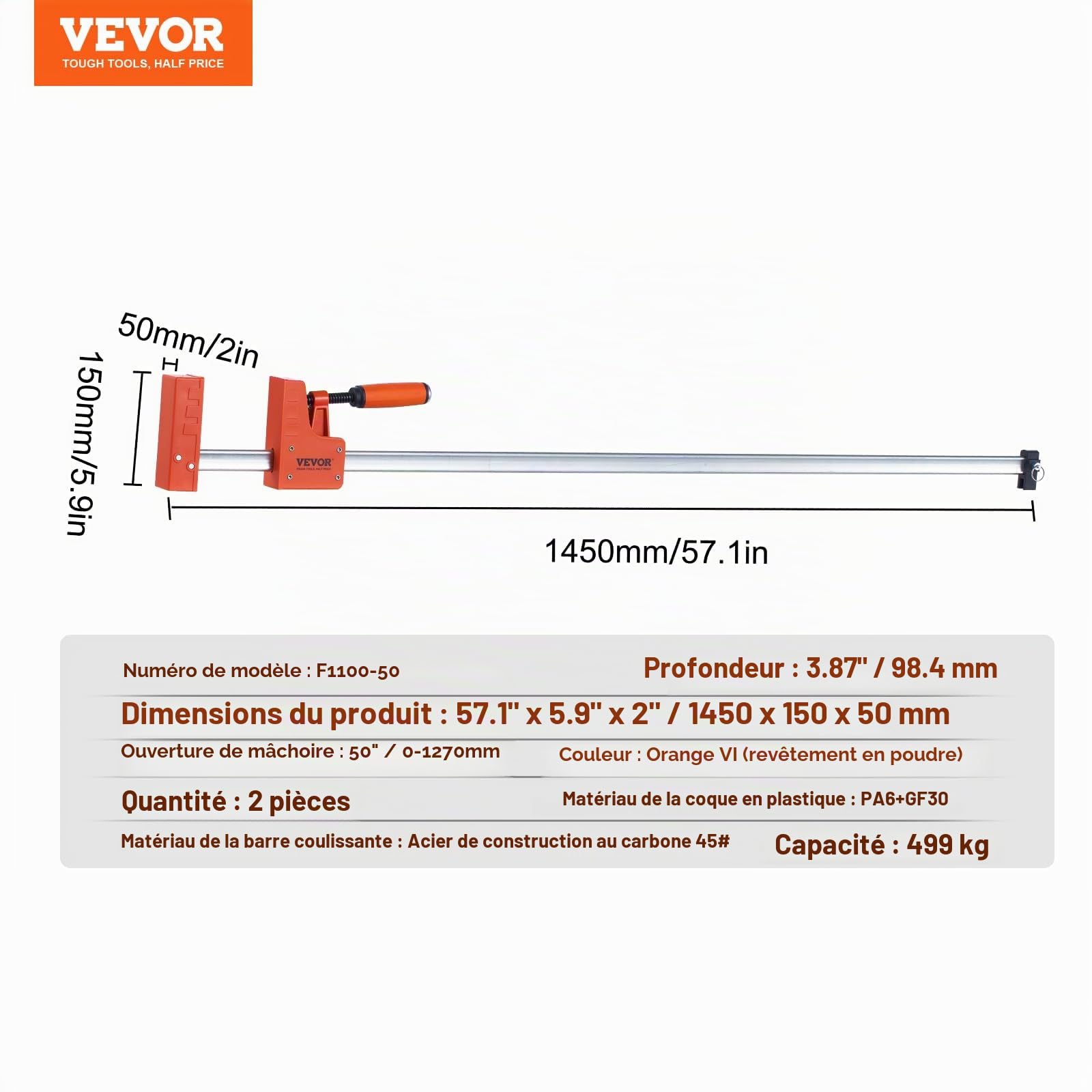 VEVOR Jeu de 2 Serre-Joints à Libération Rapide 145 cm, Serrage Parallèle, avec Limite de Charge 499 kg, Pression Uniforme, en Plastique et Acier au Carbone, pour Charpentier Menuisier Métallurgie