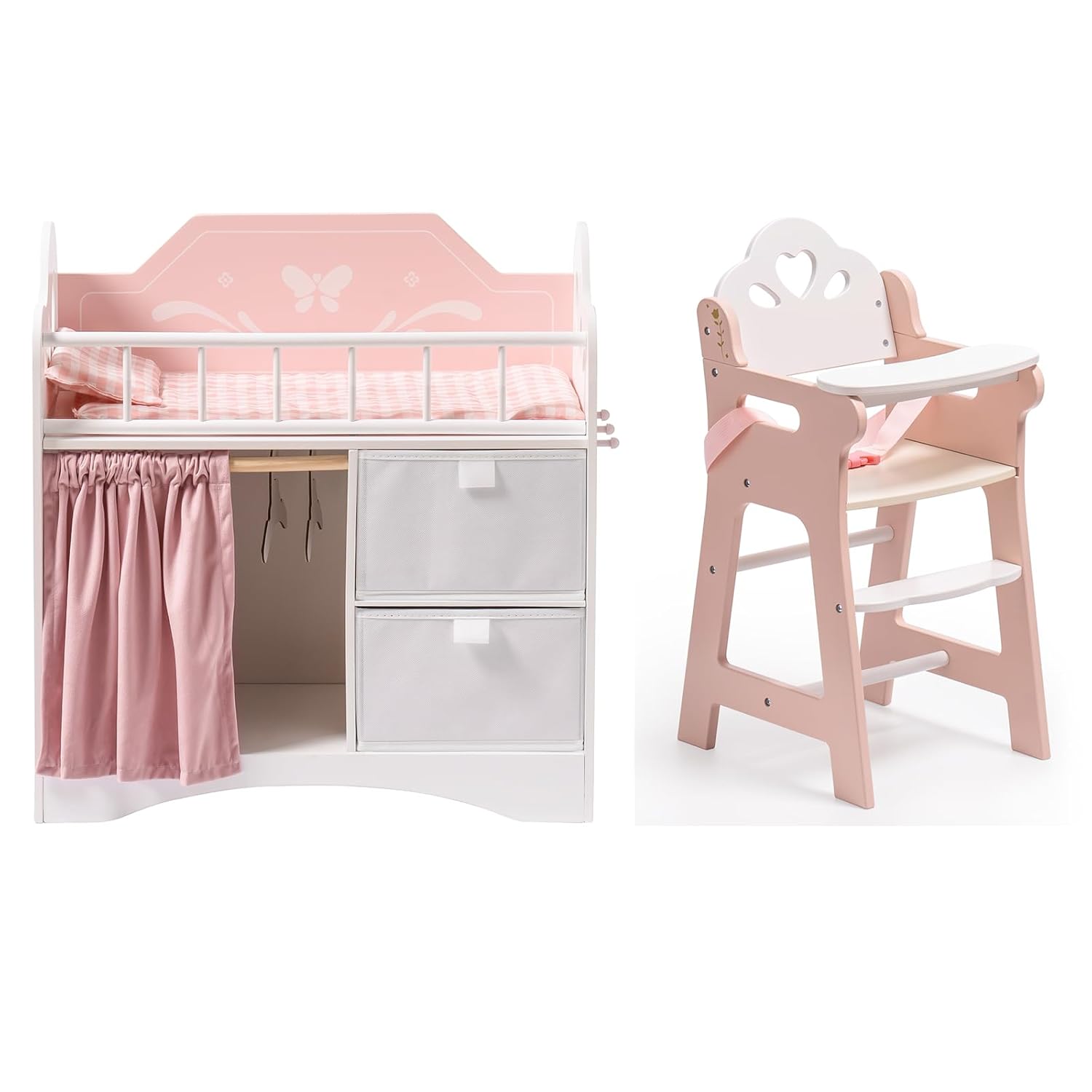 ROBOTIME Baby Doll Crib and High Chair Set, Wooden Doll Furniture with Storage, Bedding, Feeding Tray and Safety Belt, Fits Dolls up to 21", Perfect Pretend Play Gift for Girls Ages 3+ (Pink/White)