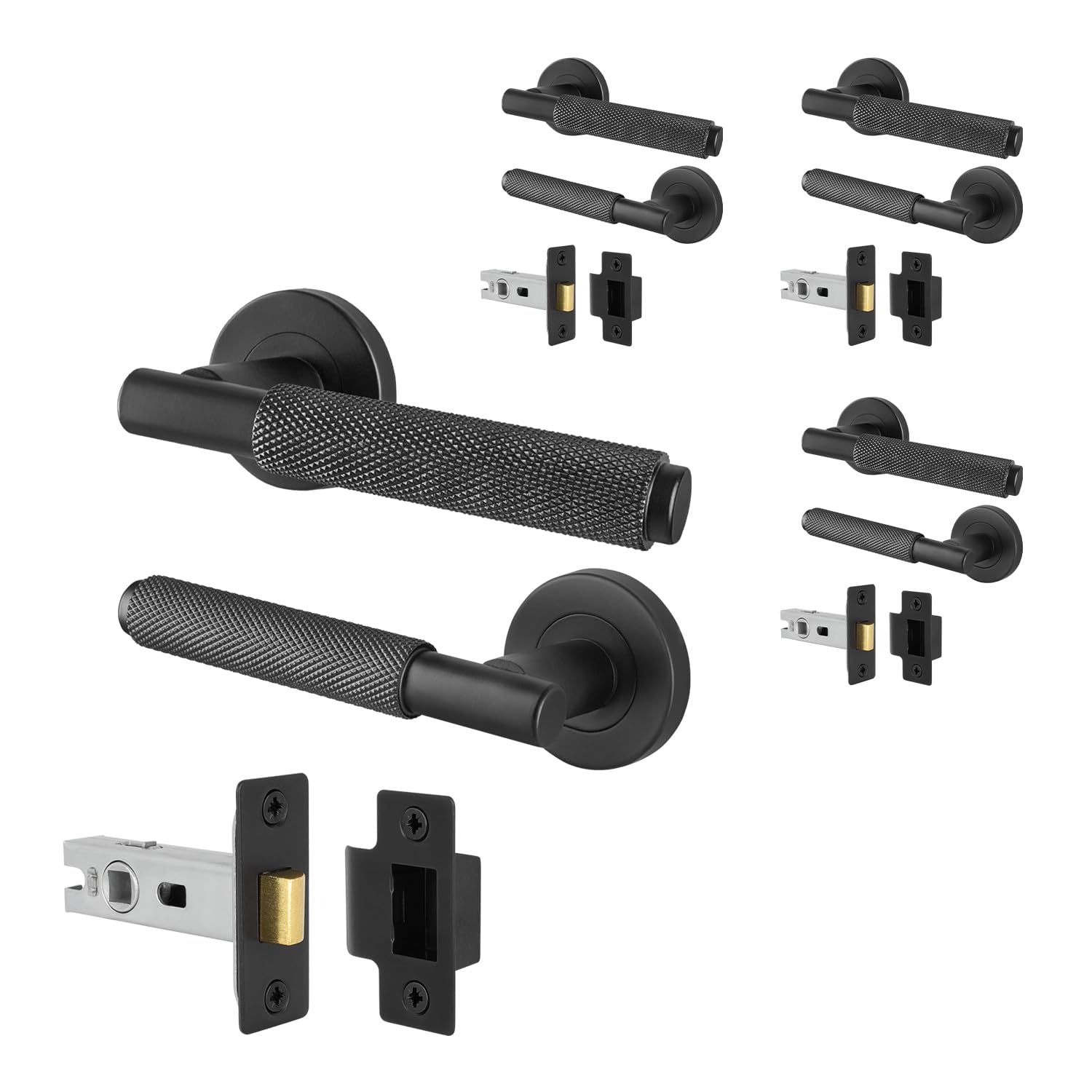 EAI Black Knurled Door Handle Latch Set, 4 Pairs Internal Matt Black Lever on Round Rose Door Handles & Latches 64mm - Dolton — image 1