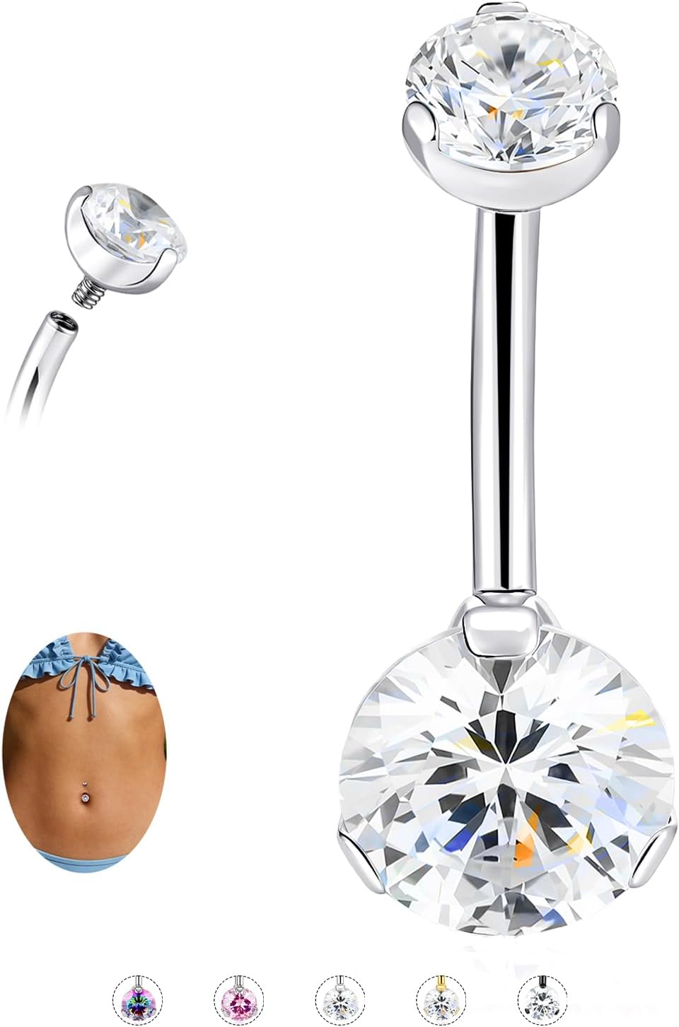Solid Titanium Belly Button Ring,14G Hypoallergenic Silver Belly Rings,Internally Threaded 10mm Belly Piercing Jewelry,Round CZ Navel Rings,14G Belly Button Rings for Women Men