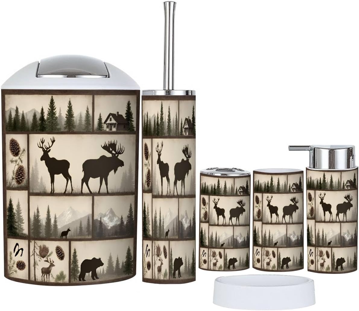 Bathroom Accessories Set 6 Pcs Rustic Cabin Farmhouse Woodland Bear Deer Country Forest Toothbrush Holder Cup Soap Dispenser Soap Dish Toilet Brush Holder Trash Can for Countertop Decor