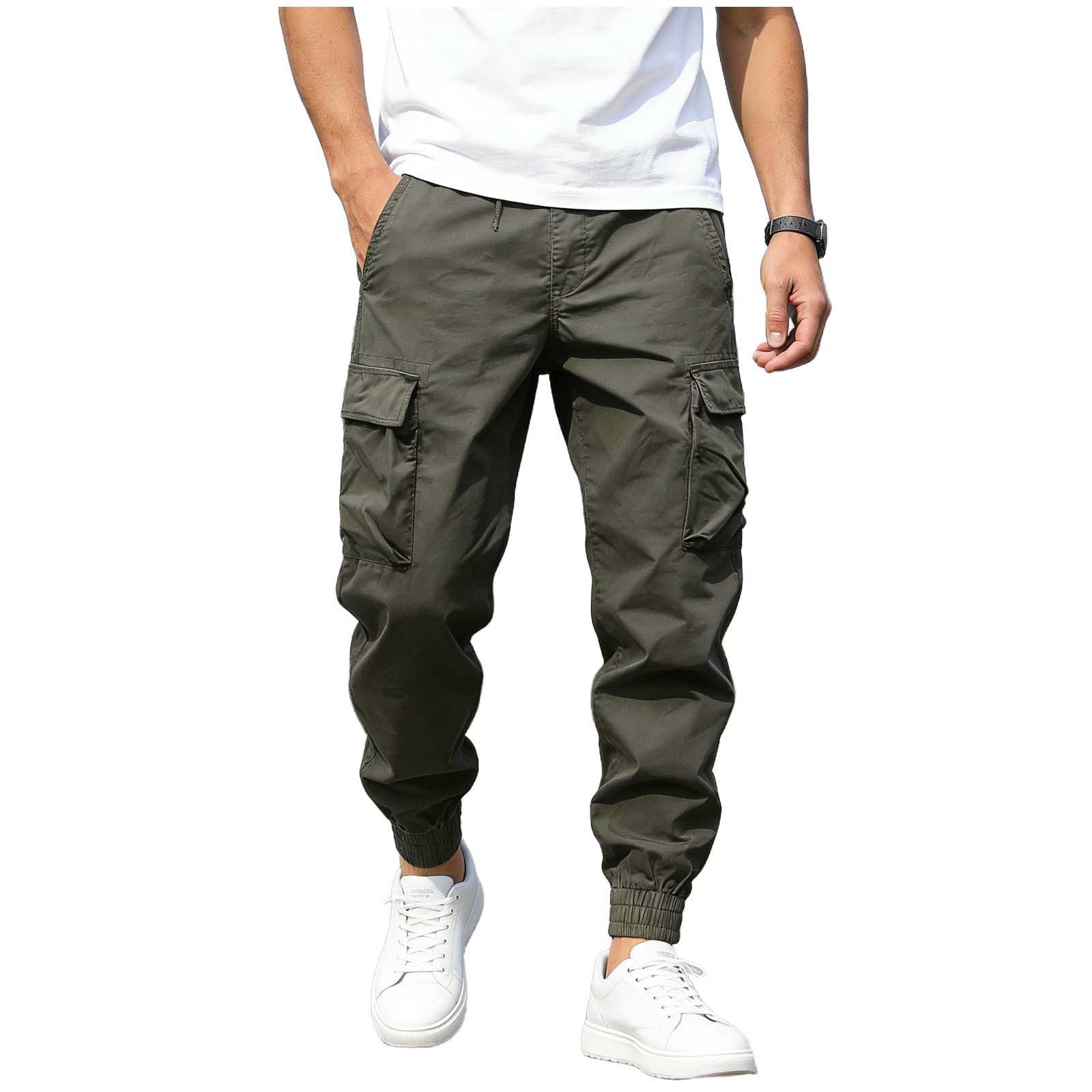 Mens Cargo Pants Athletic Joggers Elastic Waist Multiple Pockets Sweatpants Ankle Cuffs Casual Outdoor Workout Trousers