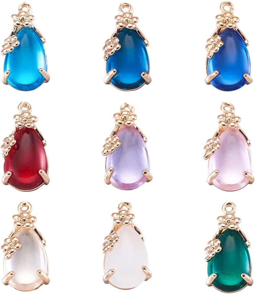 FASHEWELRY 50Pcs Glass Teardrop Pendants Mixed Colors Crystal Glass Dangle Oval Drop Bead Charms with Golden Open Back Settings for Jewelry Craft Making