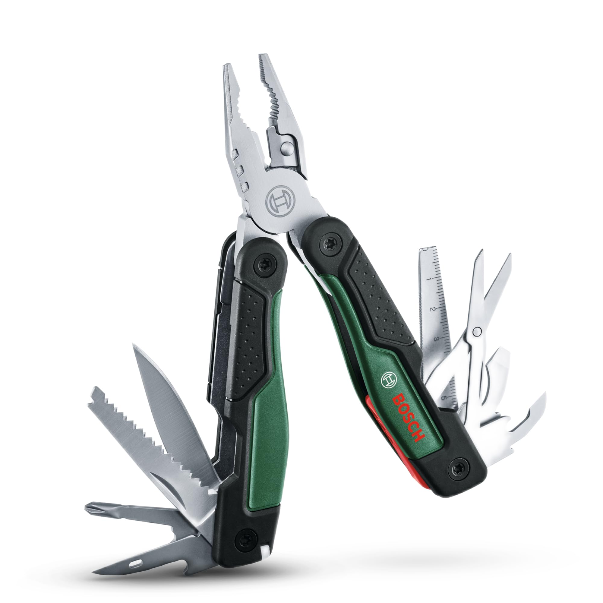 Bosch 16-in-1 Multi-Tool (Multifunktionswerkzeug zum Heimwerken, Outdoor und Camping; Edelstahl; Verriegelungsfunktion; Softgrip; 16 Funktionen: Zange; Schraubendreher; Messer; Säge, usw.)