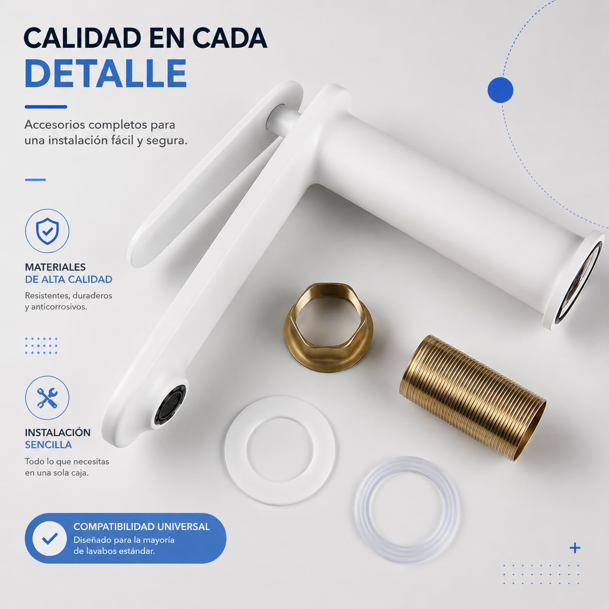 Grifo de Lavabo Blanco Satinado de Acero Inoxidable 304, Diseño Minimalista, Monomando Moderno para Baño, Fácil de Instalar