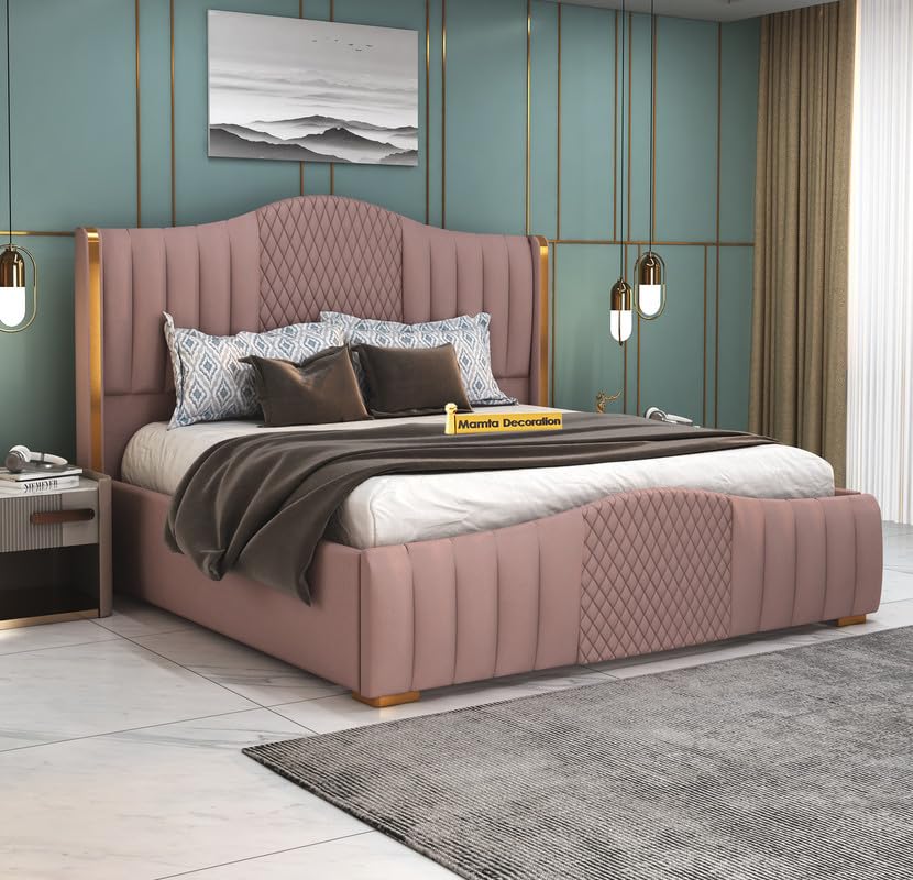 Image of MAMTA DECORATION Solid Wood King Size Bed for Bedroom with Box Storage | Premium Velvet Upholstery Double Bed with Tufted Headboard | Modern Palang Cot Bed for Home, Hotels & Guest Room | Onion Pink