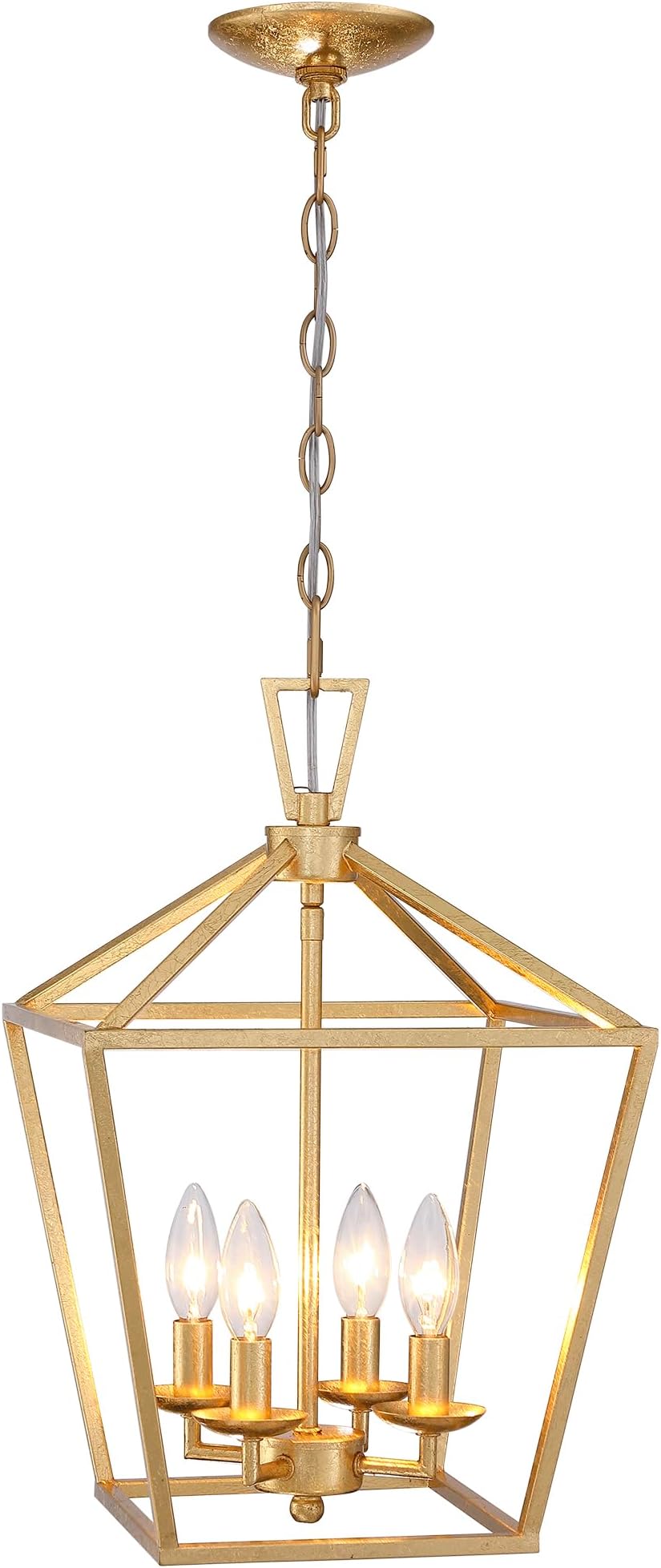 Untrammelife 4-Light Gold Lantern Pendant Light, Adjustable Height Metal Geometric Light Fixture 12'' Classic Cage Chandelier for Kitchen Island Hallway, Hand-Pasted Gold Foil Finish