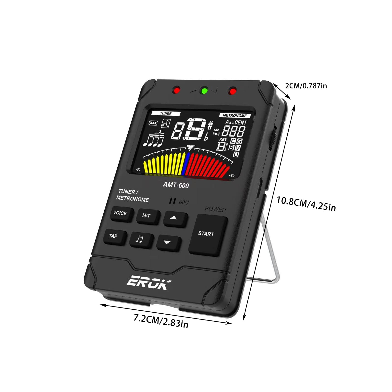 EROK Metrónomo y sintonizador digital recargable, todo en uno con salida de auriculares estéreo, contador de voz, apto para guitarra, bajo, violín, instrumentos de cuerda (negro)
