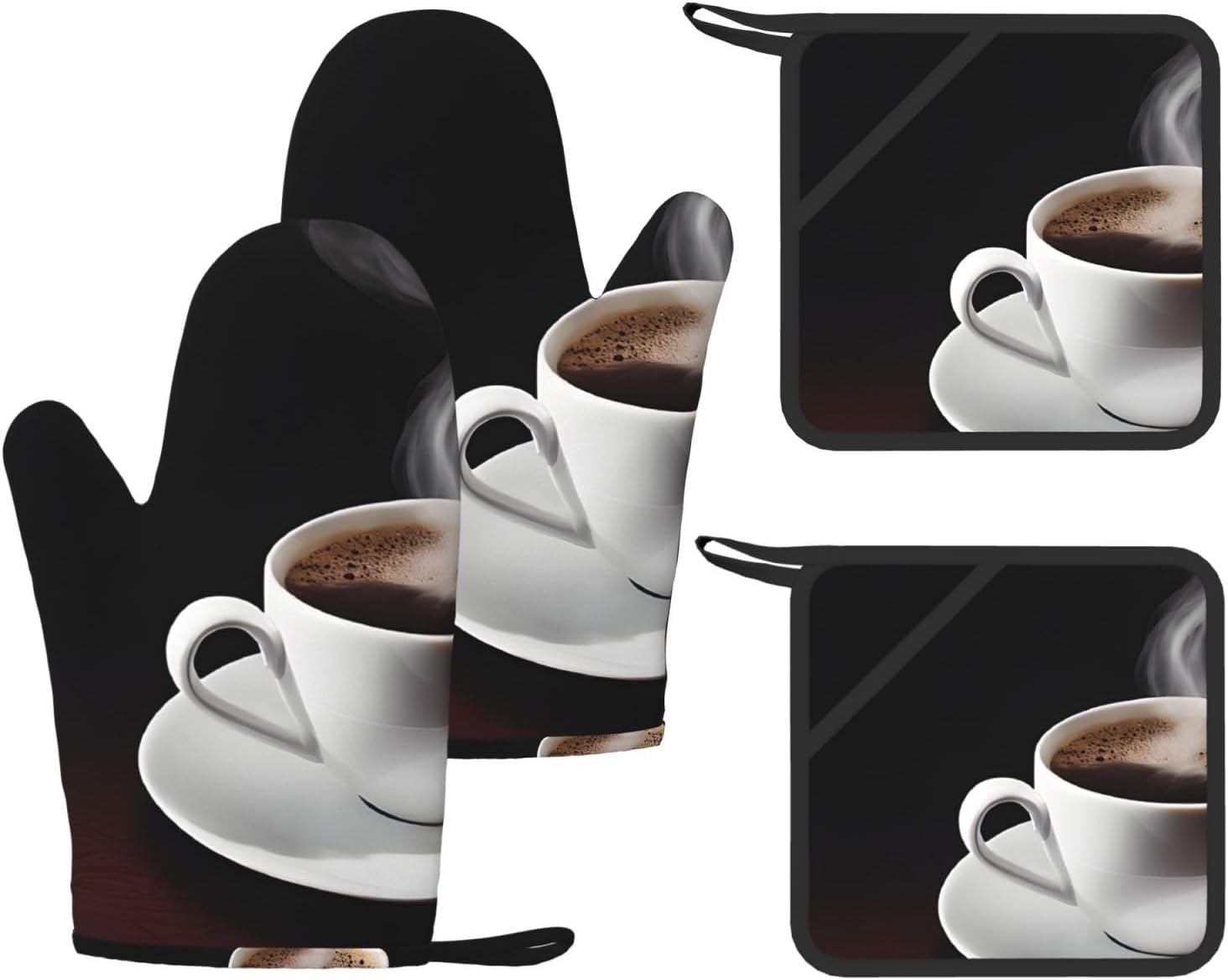 Hot Coffee with Coffee Bean 4pcs Oven Mitts and Pot Holders Sets for Kitchen, Silicone Oven Gloves Non-Slip Potholders Hot Pads for Baking Cooking