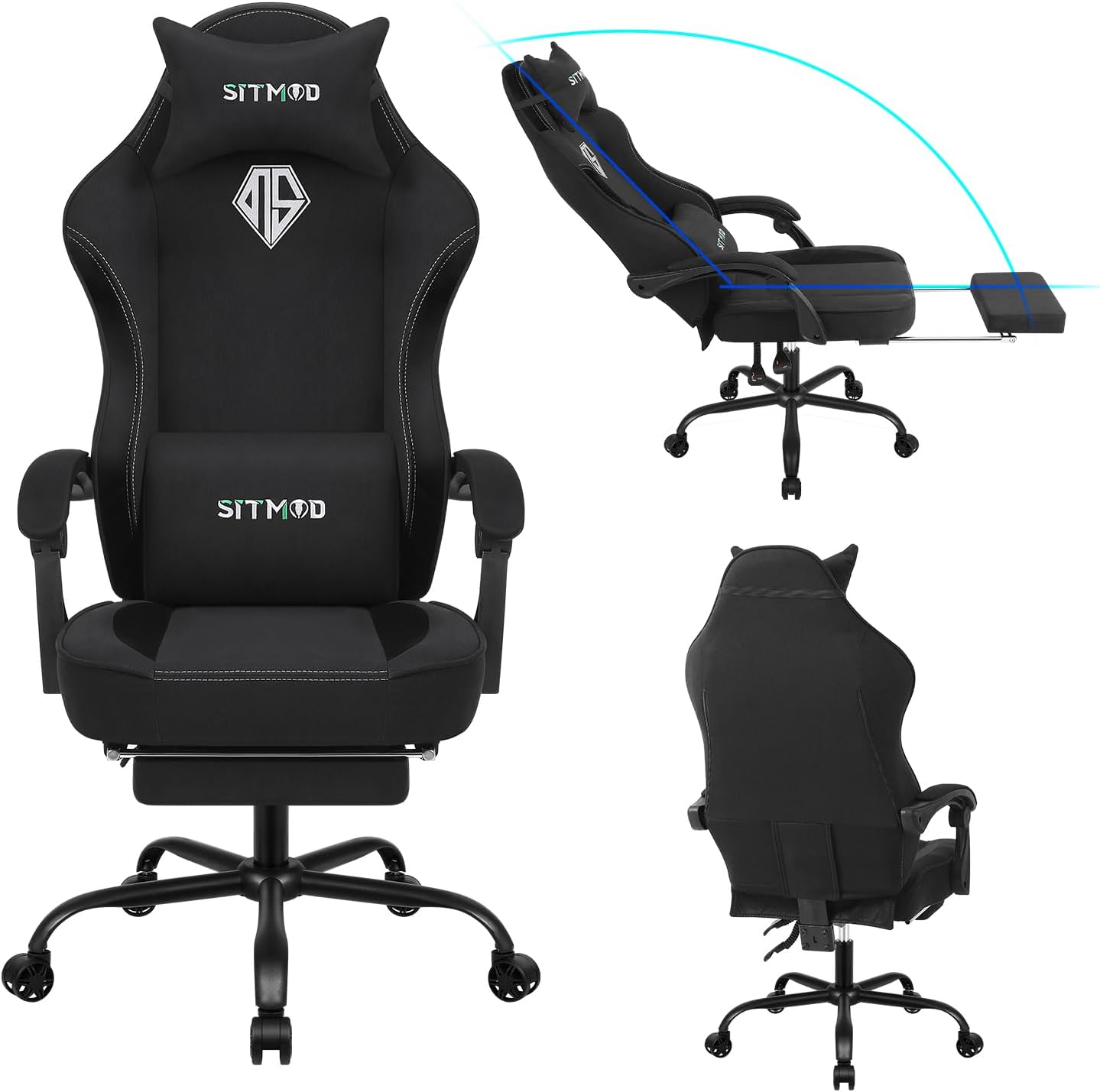 Fabric Gaming Chair for Adults, PC Computer Chairs with Footrest, Ergonomic Video Game Chair-Backrest and Seat Height Adjustable Swivel Task Chair for Adults with Lumbar Support, Up to 150Kg