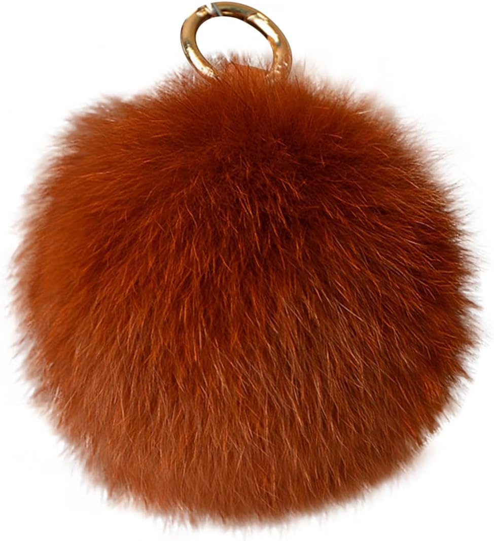 Queenbox 4.3in Faux Fur Ball Pom Poms Keychain, Soft Fluffy Ball Pompom Keyring for Car Key Handbag Purse Pendant, Red Coffee